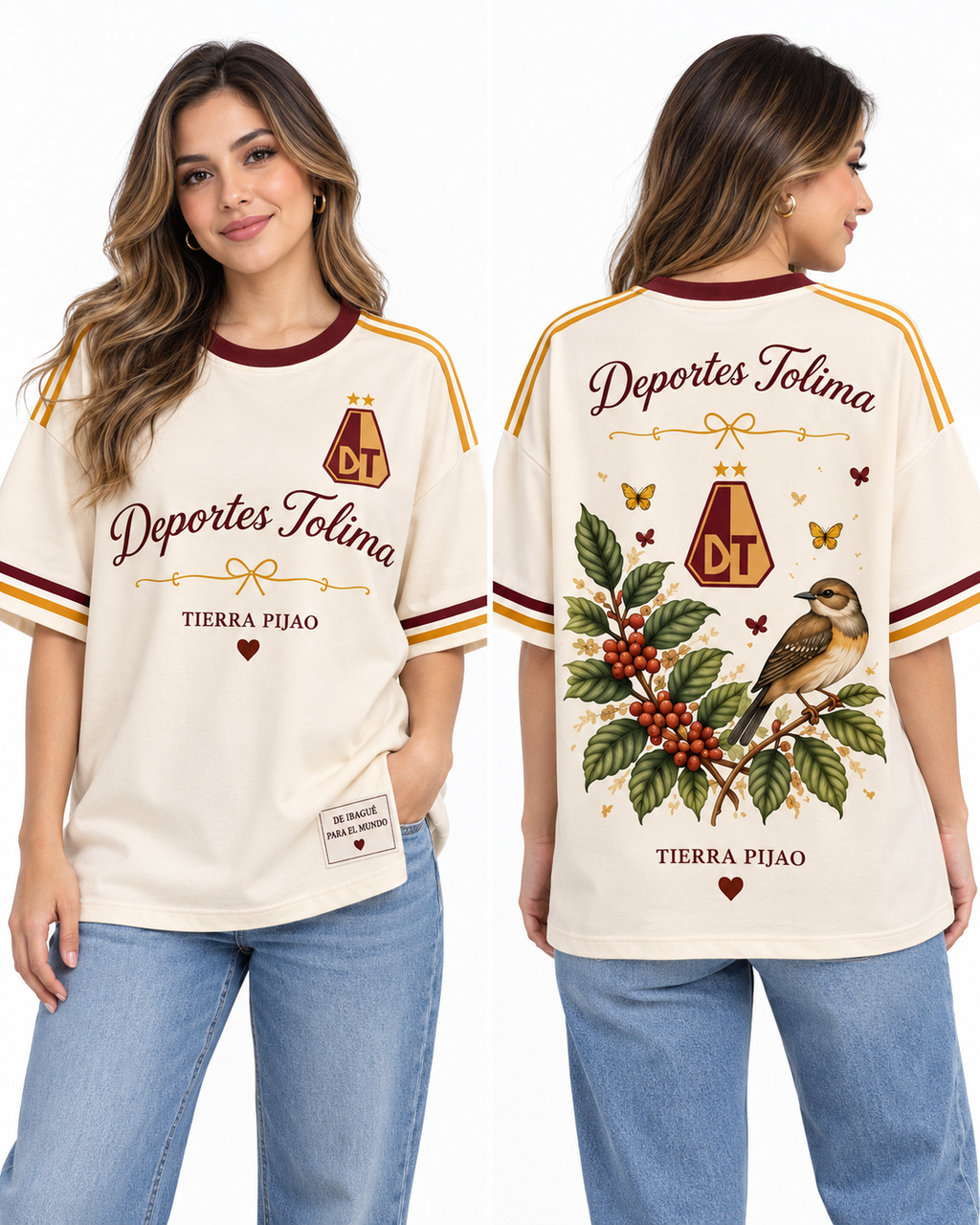 Deportes Tolima Tierra Pijao — Oversize larga mujer frente y espalda
