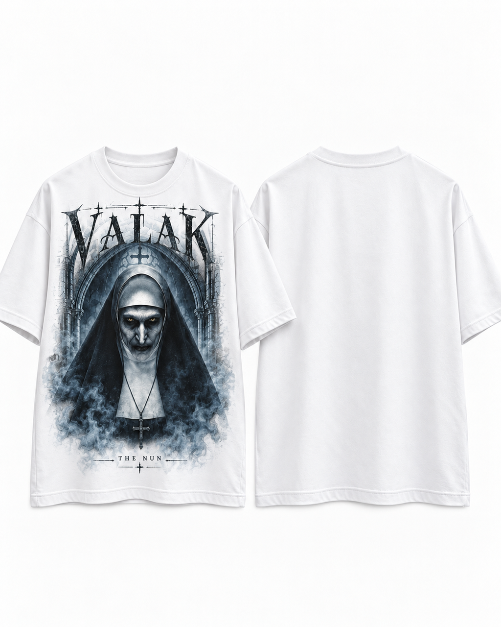 Valak X Plegaria Oscura — prenda Blanco — frente y espalda