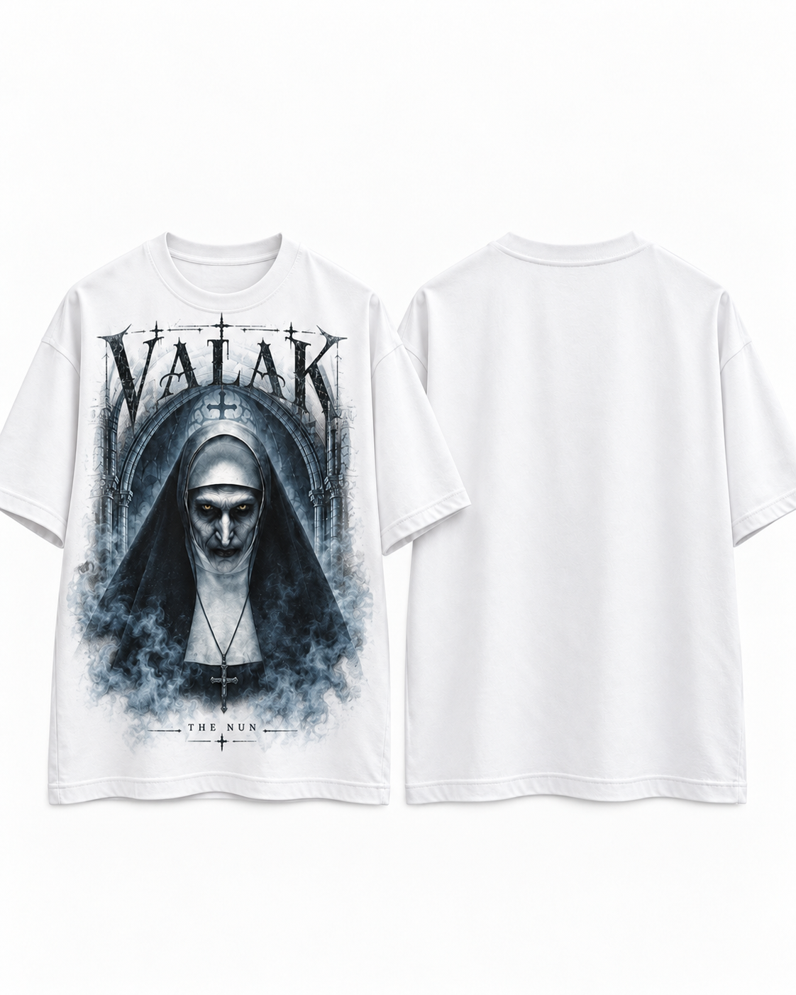 Valak X Plegaria Oscura — prenda Blanco — frente y espalda