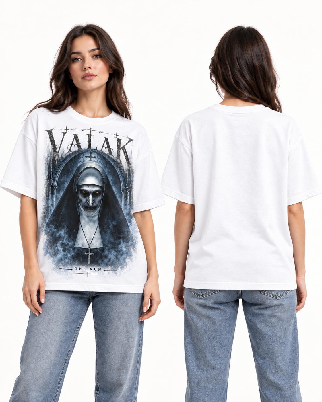 Valak X Plegaria Oscura — Oversize larga mujer Blanco — frente y espalda