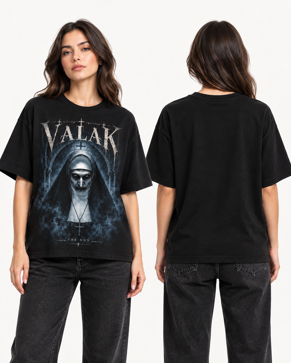 Valak X Plegaria Oscura — Oversize larga mujer Negro — frente y espalda