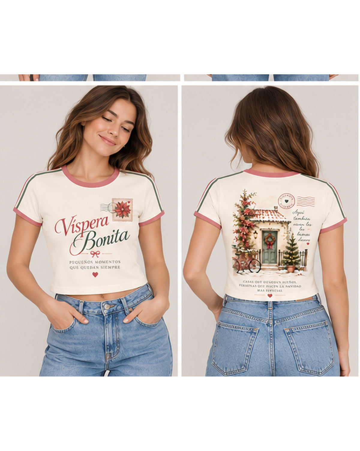 Víspera Bonita Baby Tee mujer frente y espalda